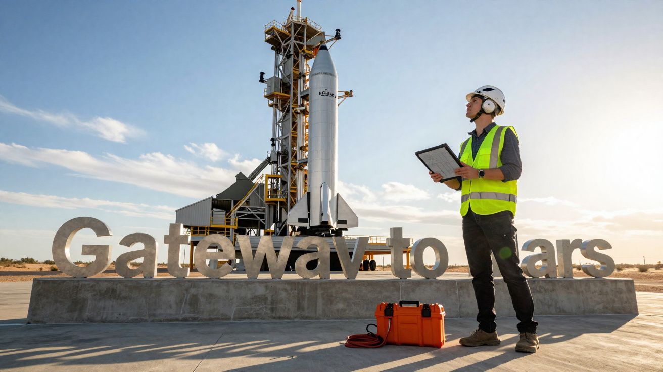 Homem com colete refletor e capacete observa foguete junto a sinalização "Gateway to Mars" numa plataforma de lançamento.