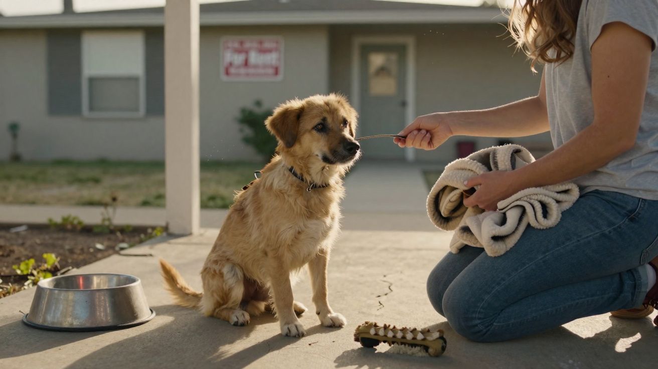 Pessoa a dar comida de colher a cão castanho sentado numa calçada junto a uma tigela metálica e brinquedo.
