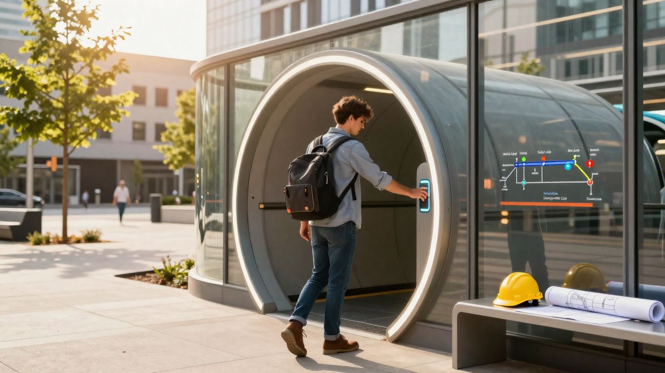 Jovem com mochila usa leitor biométrico para entrar numa estação de transporte futurista numa cidade moderna.