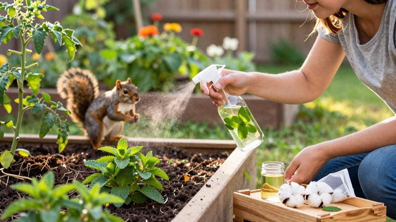 Mulher a regar plantas com spray num jardim, esquilo perto das plantas observa.