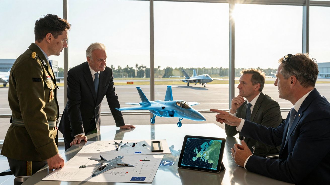 Quatro homens em reunião discutem modelos de aviões num aeroporto, com mapas e esquemas sobre a mesa.