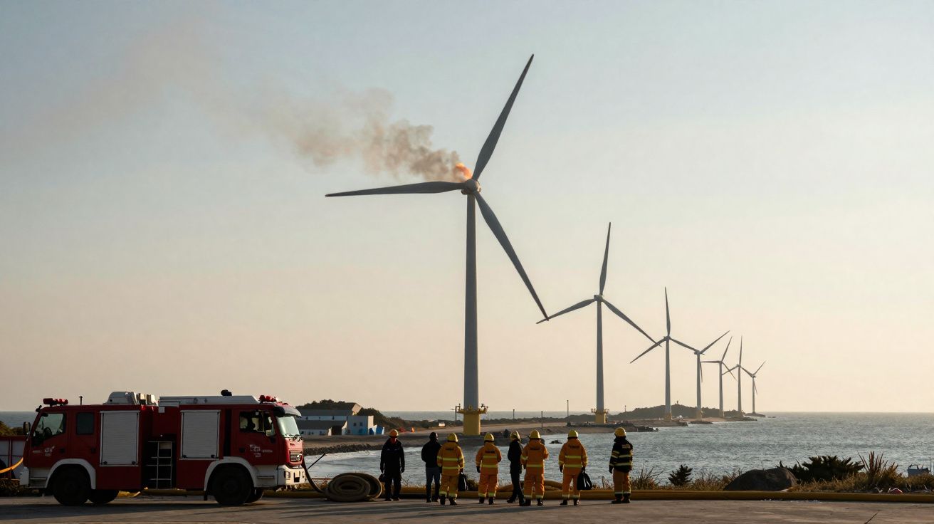 Parque eólico em chamas com bombeiros e camião de bombeiros na orla costeira ao pôr do sol.