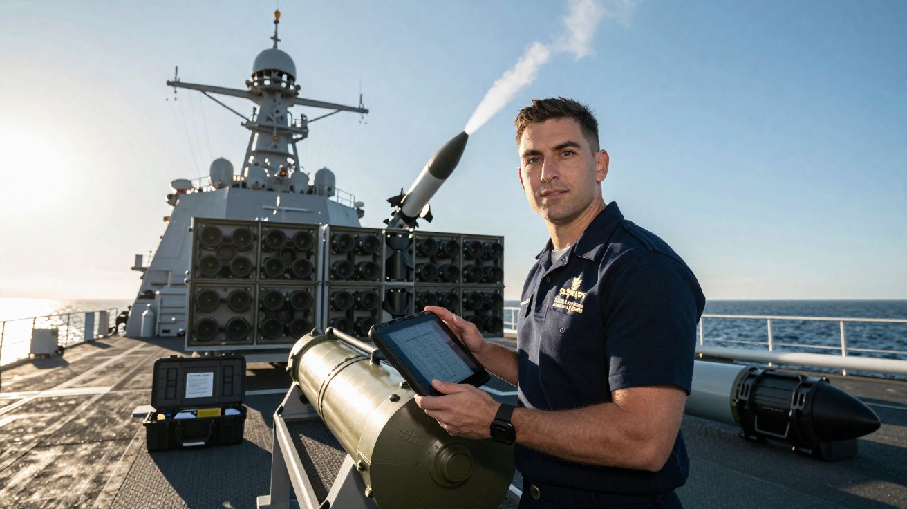 Marinheiro no convés de um navio militar a operar equipamento com tablet durante o dia, com o mar ao fundo.