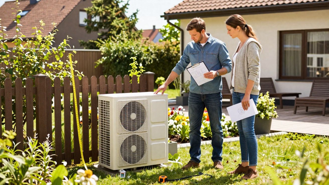 Homem e mulher inspecionam unidade exterior de ar condicionado num jardim de casa.
