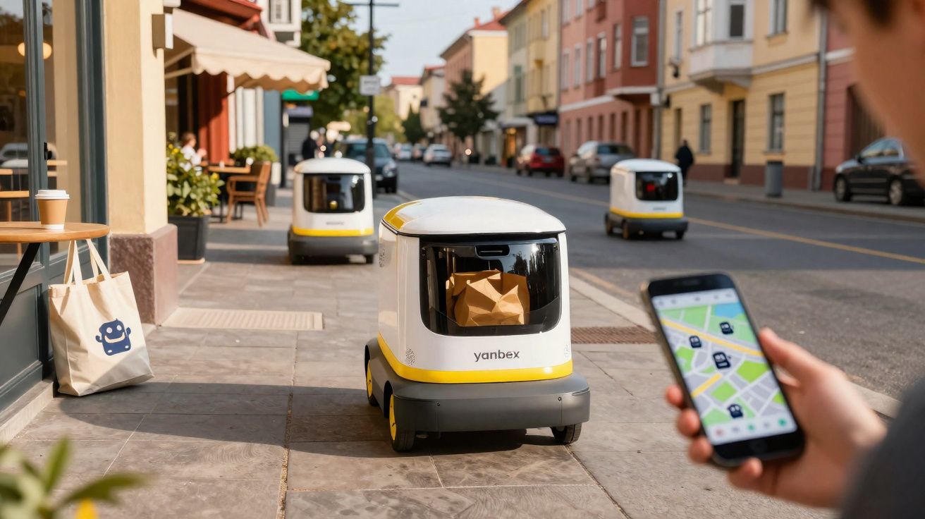 Robôs de entrega autónomos a circular numa rua urbana com uma pessoa a controlar via smartphone.