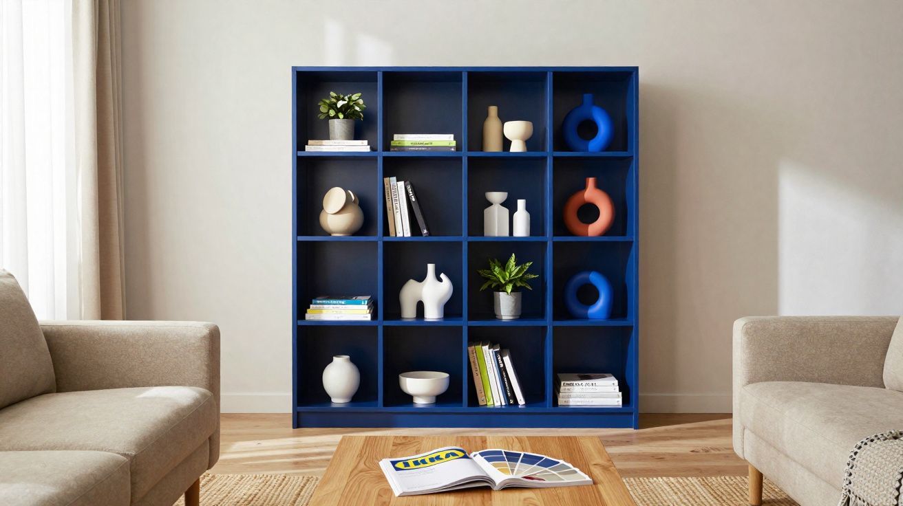 Estante azul com divisórias, livros e vasos decorativos, entre dois sofás beges numa sala iluminada.