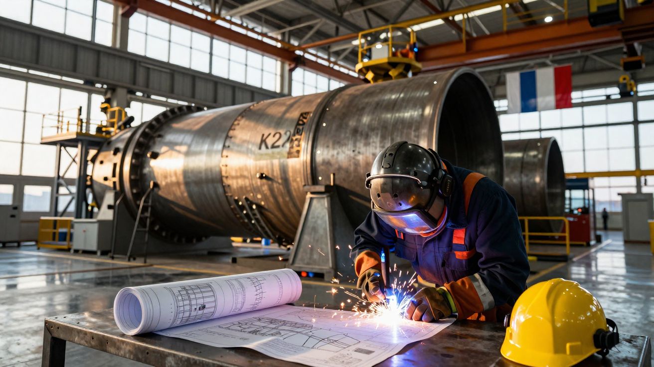 Operário com equipamento de soldagem a trabalhar em metal em fábrica com máquina industrial e capacete amarelo em destaque.