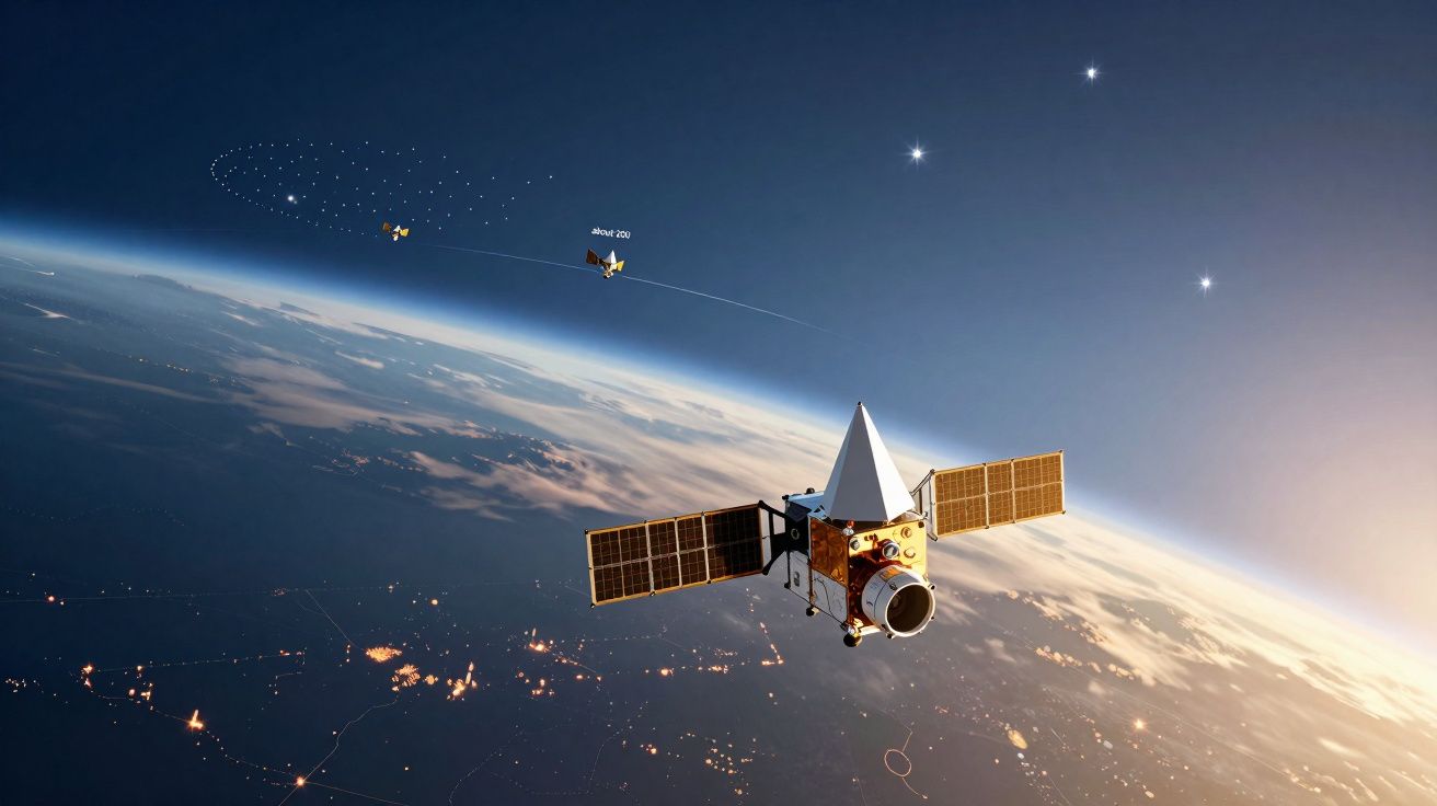 Satélite a orbitar a Terra com luzes de cidade visíveis e o sol no horizonte no espaço.