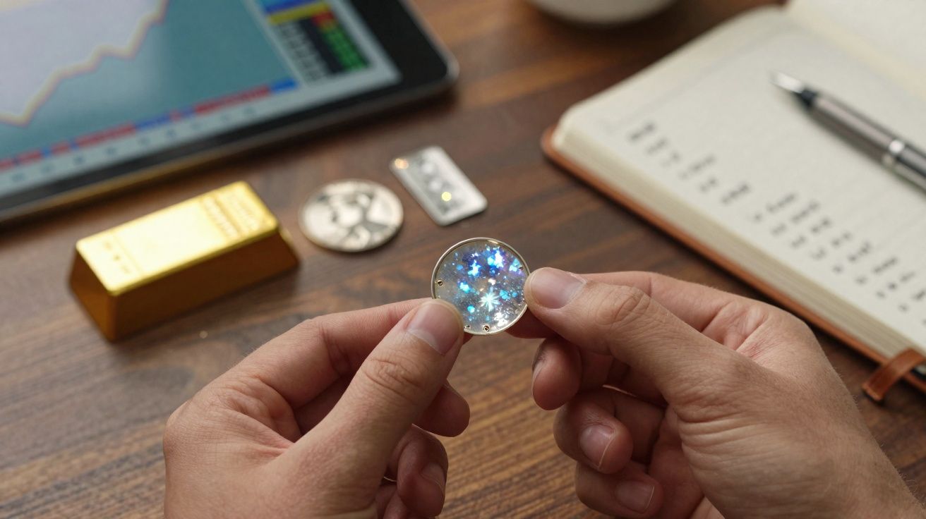 Mãos seguram moeda holográfica com estrelas brilhantes, junto a barra de ouro, tablet e caderno numa mesa.
