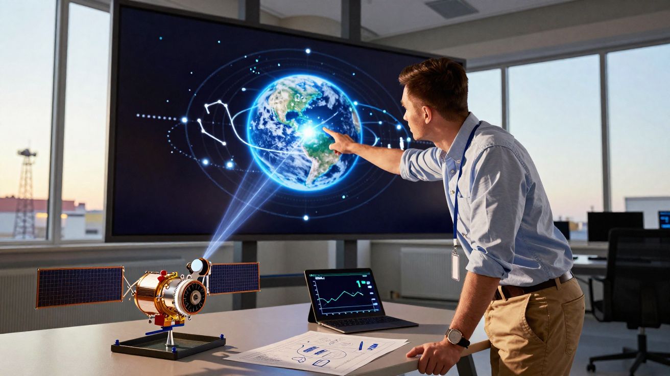 Homem em escritório aponta para ecrã com imagem do planeta Terra e satélite em mesa com computador portátil.