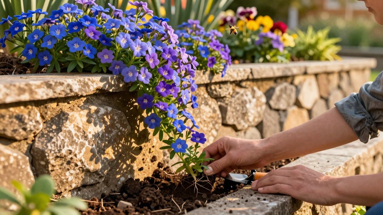 Pessoa a plantar flores lilases num canteiro de pedra ao ar livre com uma abelha a voar próxima.
