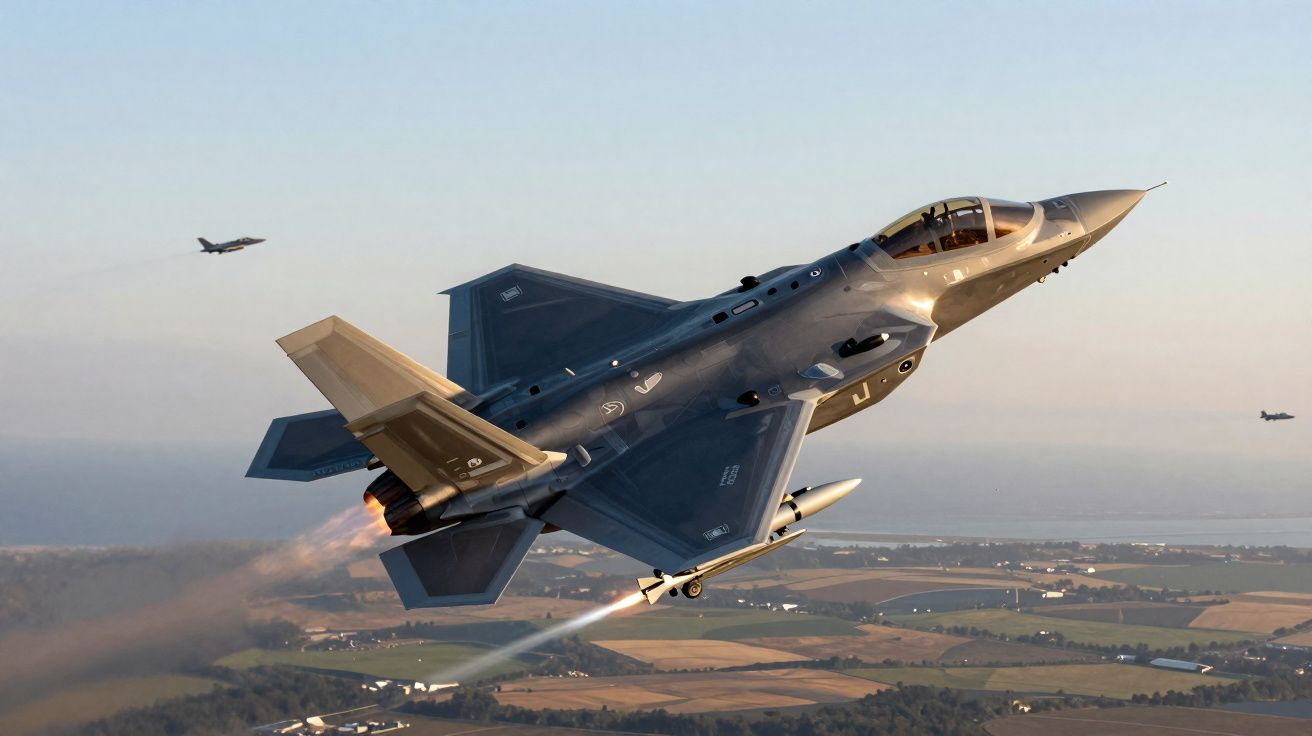 Caça furtivo em voo ascendente sobre campos agrícolas ao pôr do sol com dois aviões ao fundo.