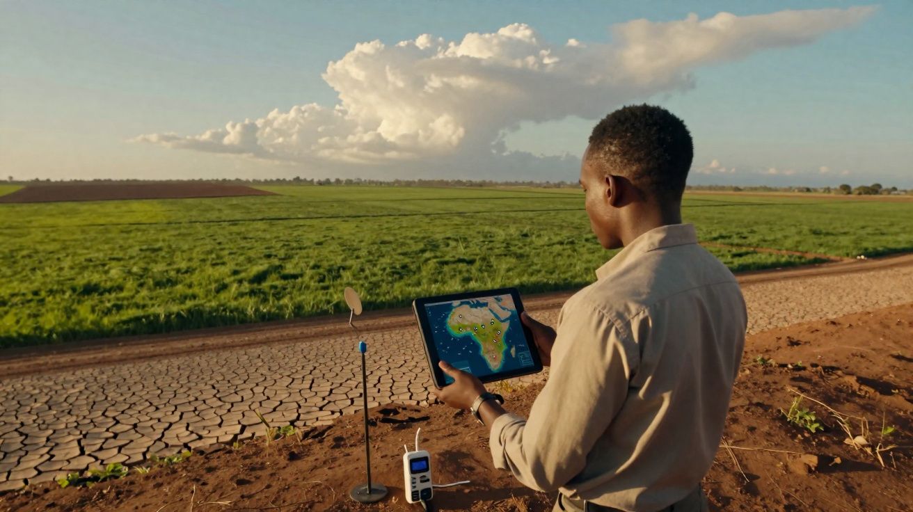 Homem a usar tablet para monitorizar dados de clima numa planície agrícola com céu parcialmente nublado.