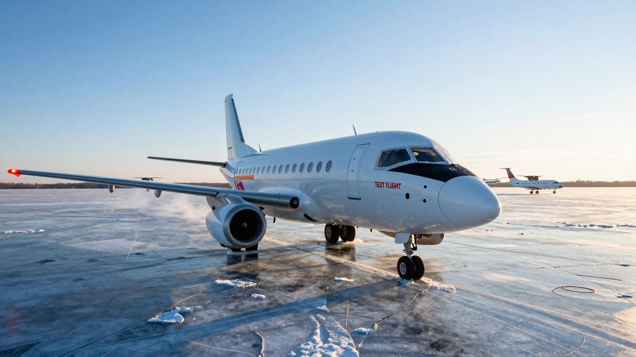 Avião branco de teste em pista coberta de gelo com outro avião ao fundo e céu limpo.