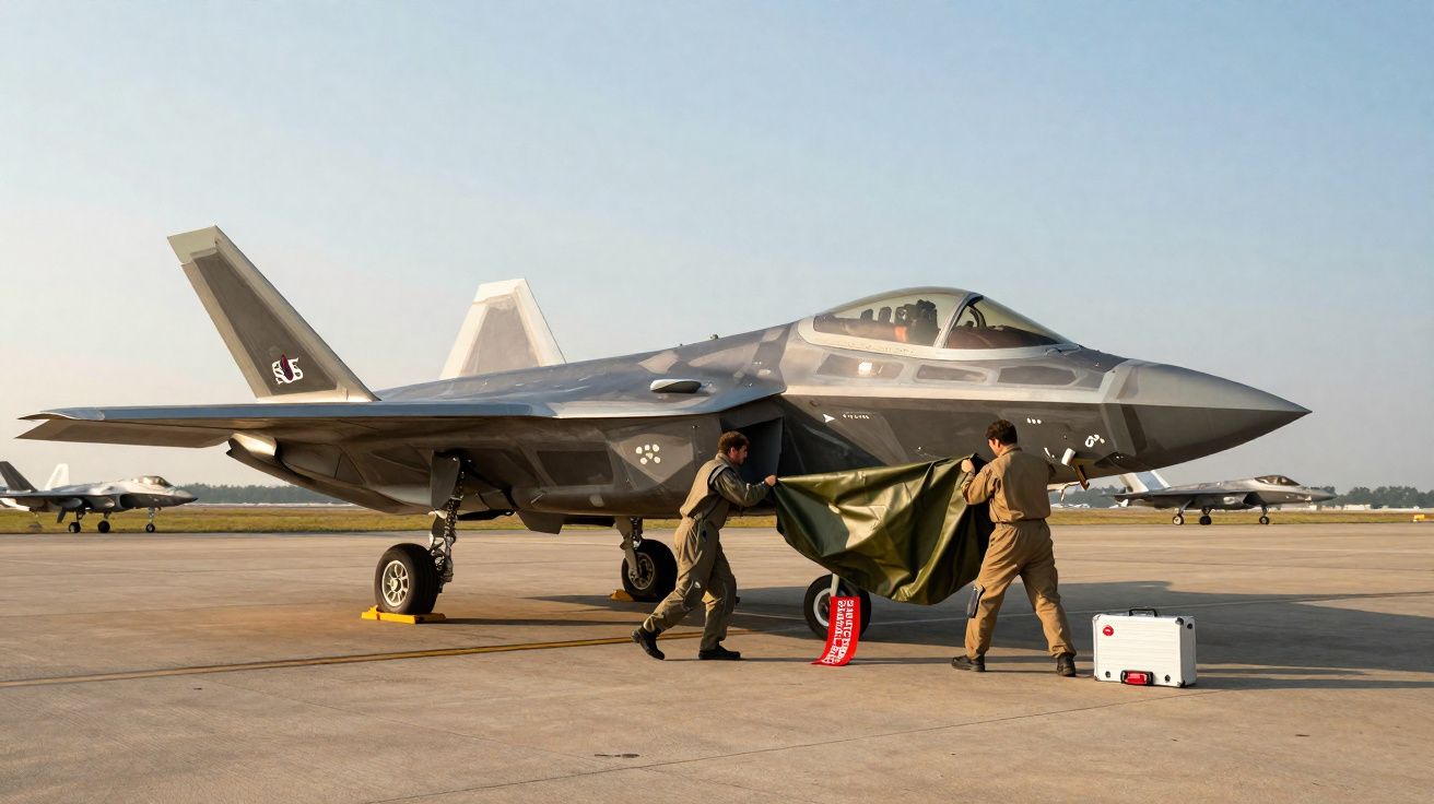 Dois pilotos preparam um caça furtivo F-35 na pista de um aeroporto militar ao amanhecer.