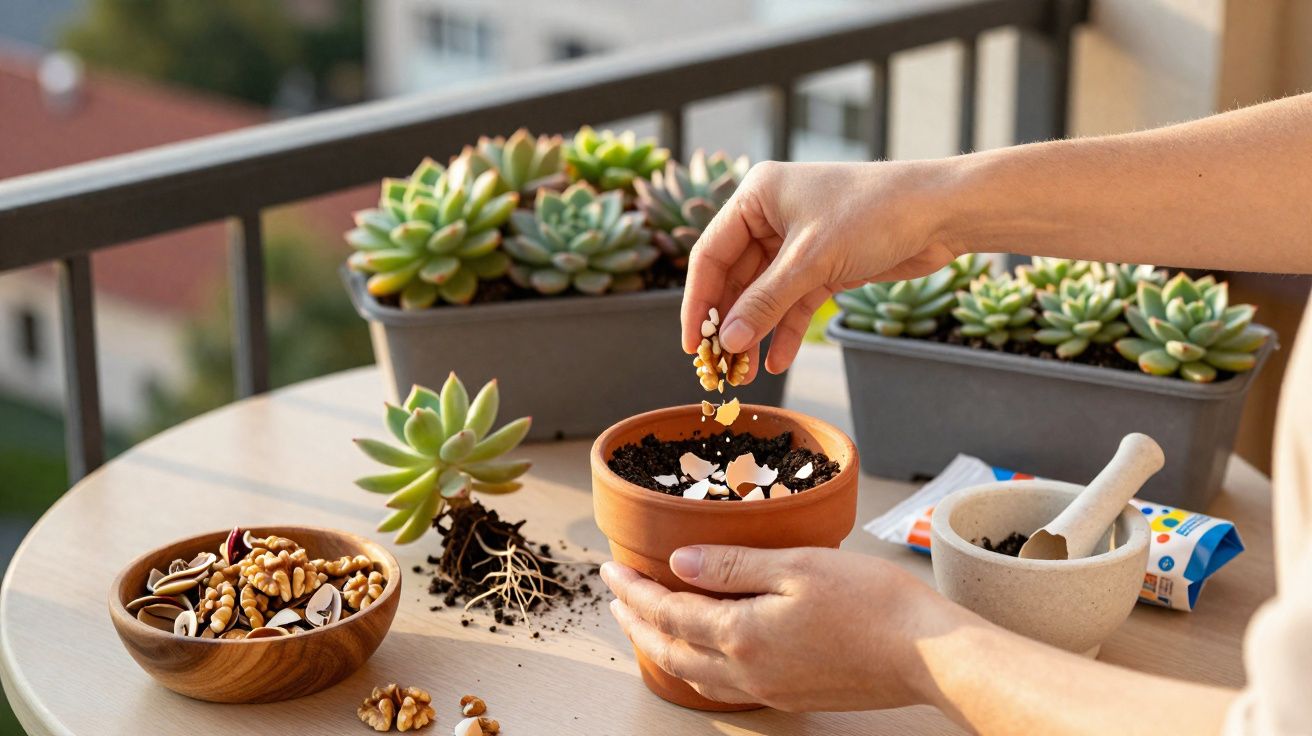 Mãos a plantar suculentas numa varanda, usando sementes e terra num vaso de barro, com plantas ao fundo.