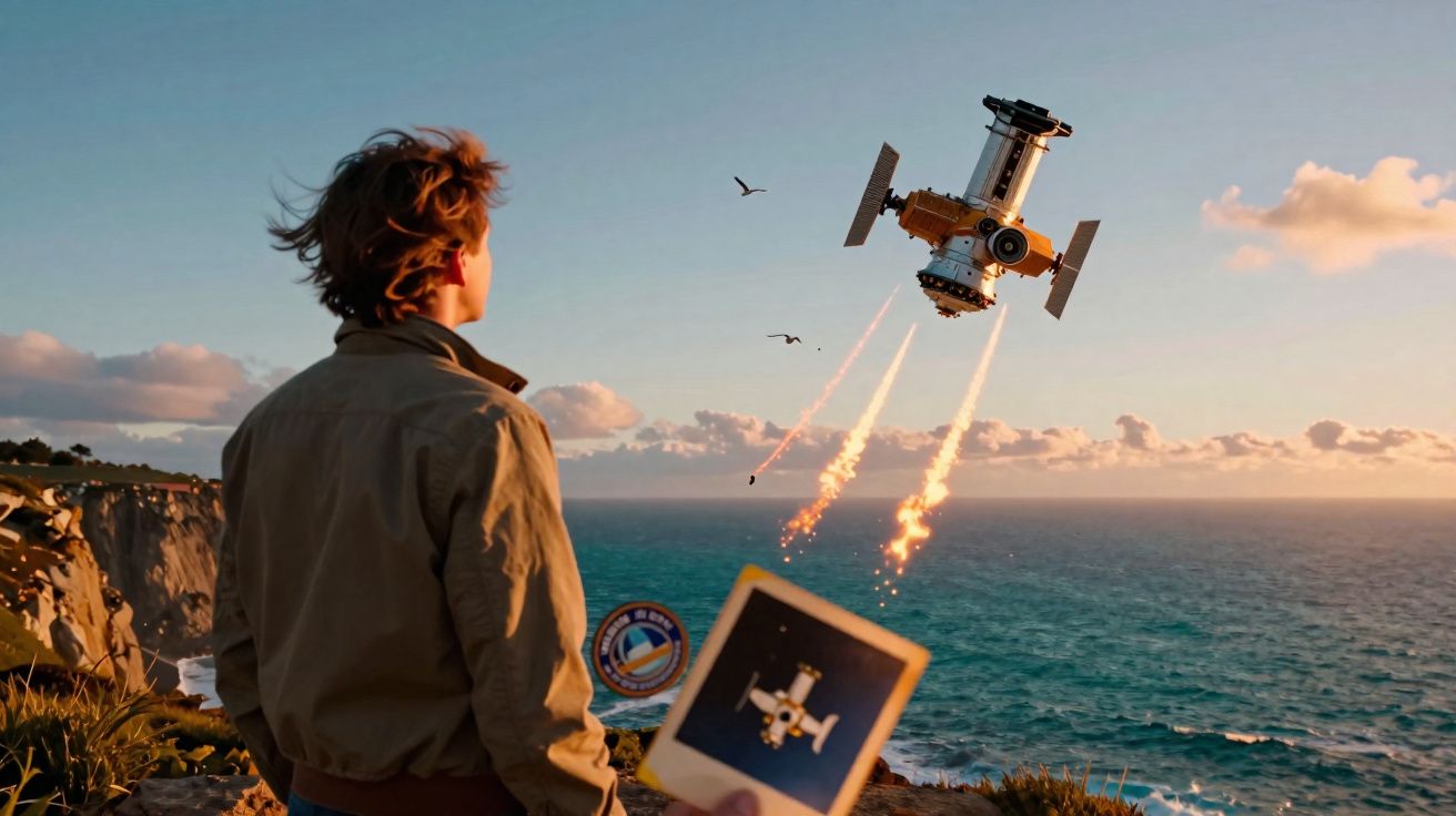 Jovem observa lançamento de dispositivo tecnológico no mar, segurando imagem do mesmo equipamento.