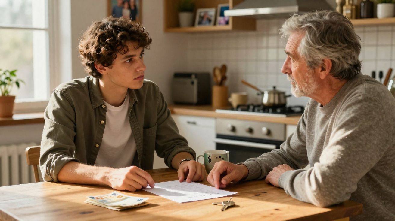 Homem jovem e idoso sentados à mesa discutindo documentos numa cozinha iluminada.
