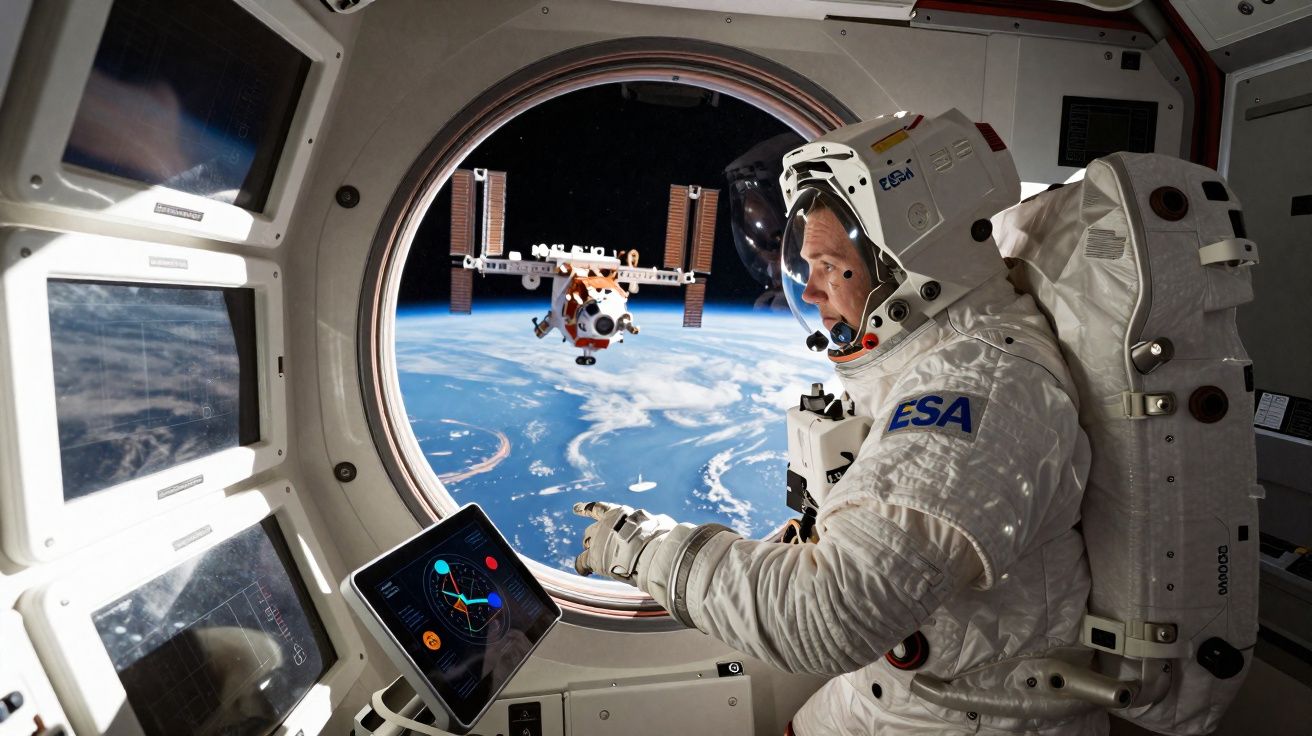 Astronauta da ESA no interior da estação espacial com vista para a Terra e um módulo espacial no espaço.