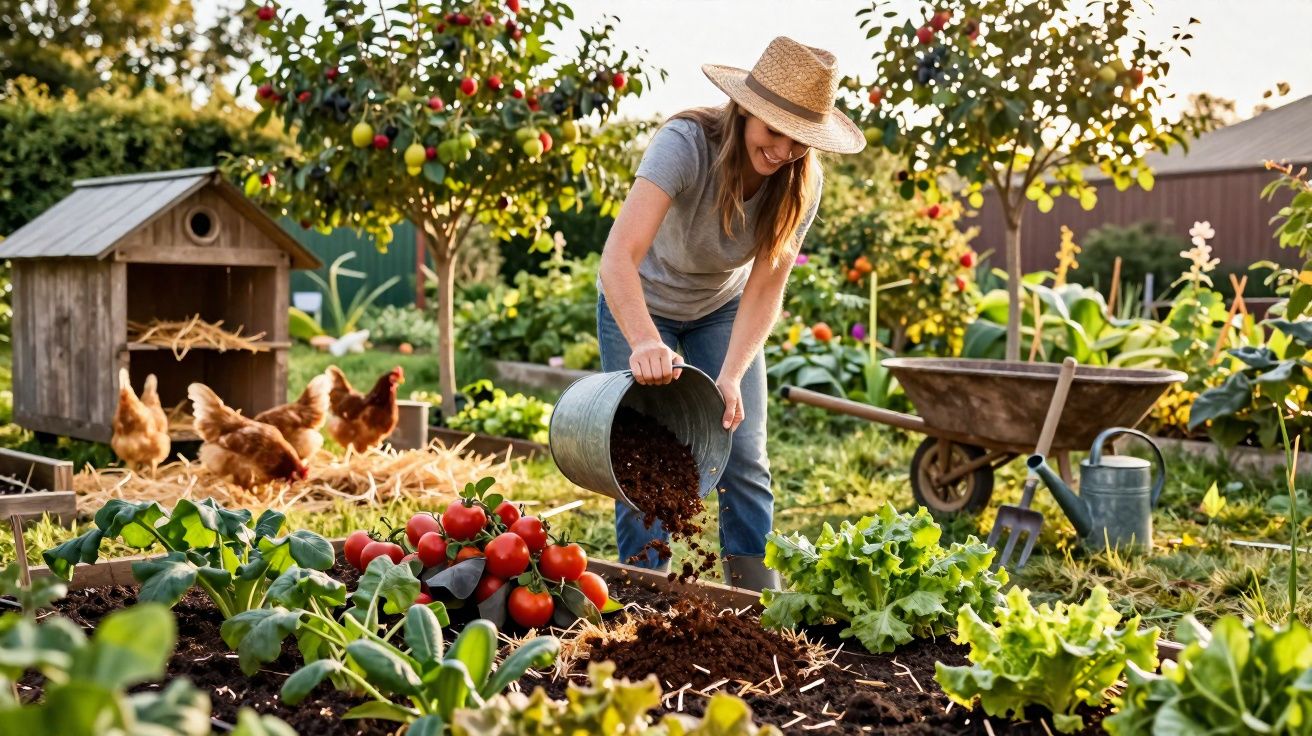 Mulher a adubar plantas no jardim, rodeada de tomates, alfaces, galinhas e utensílios de jardinagem.