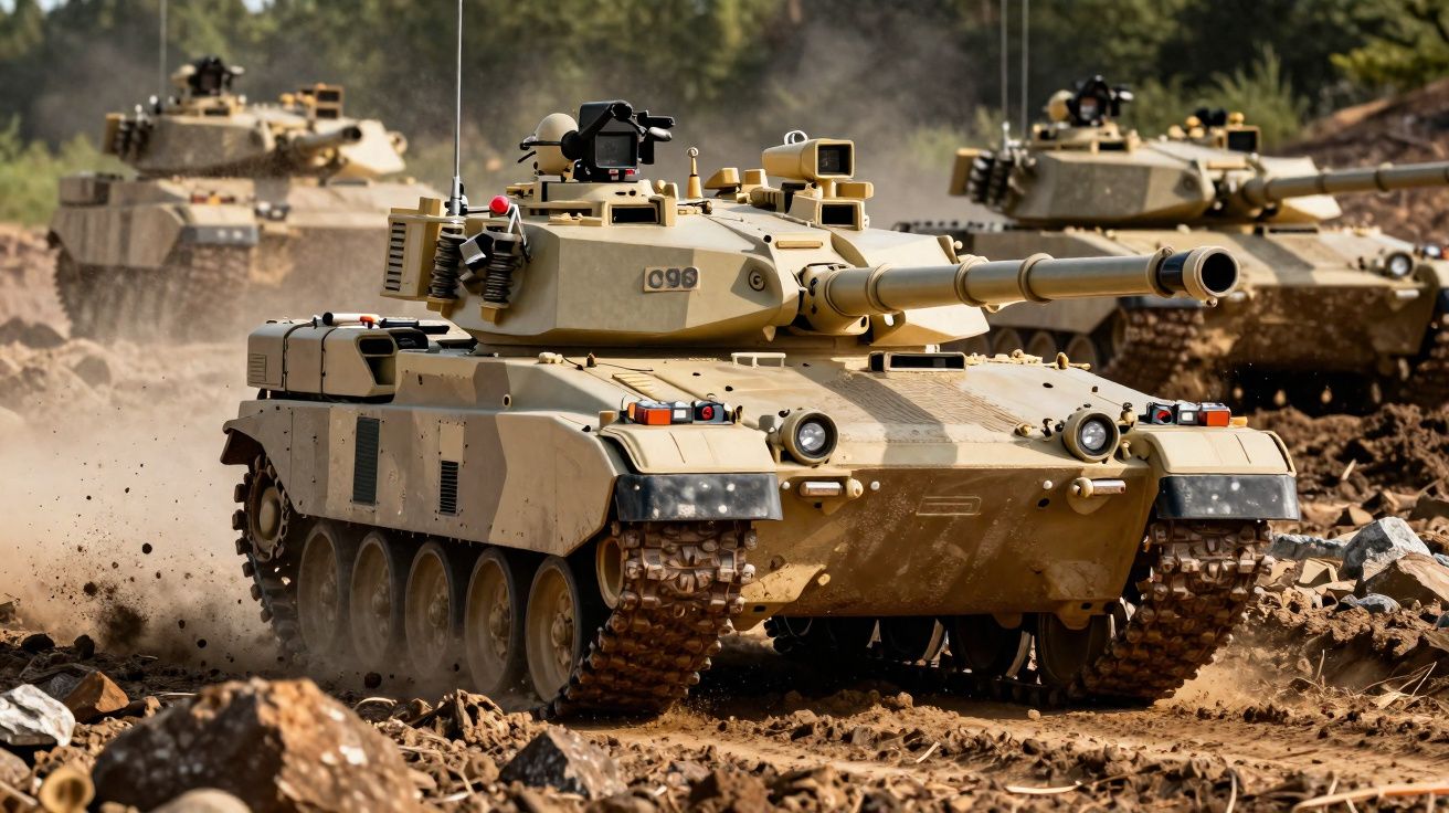 Tanques militares cor bege circulam em terreno rochoso e empoeirado com árvores ao fundo.