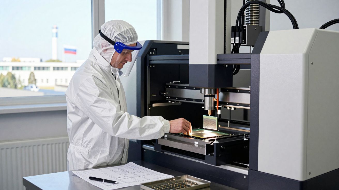 Técnico em roupa de proteção opera equipamento de inspeção eletrónica numa sala limpa.