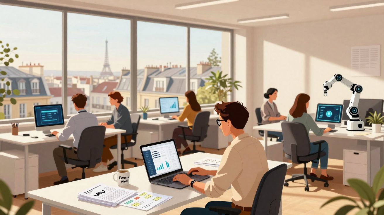 Escritório com vista da Torre Eiffel, pessoas a trabalhar em computadores e um braço robótico tecnológico.