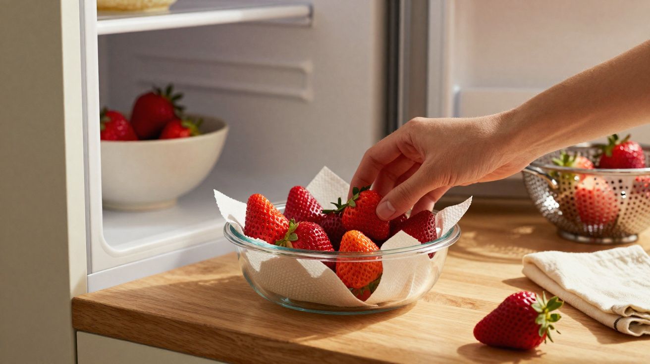 Mão a apanhar morango numa taça de vidro com morangos, em balcão de cozinha com frigideira aberta.