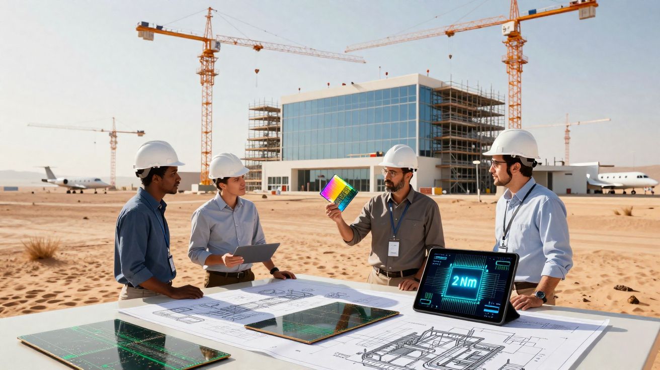 Quatro engenheiros de construção com capacetes a discutir planos num canteiro de obras desértico com gruas e aviões ao fundo.