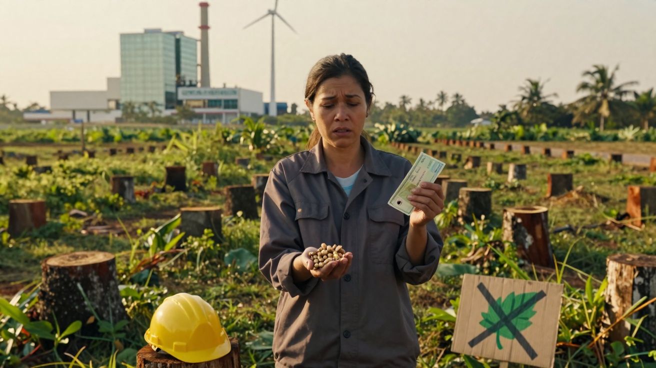 Mulher numa plantação mostrando sementes e documento, com capacete amarelo e sinal contra corte de árvores.