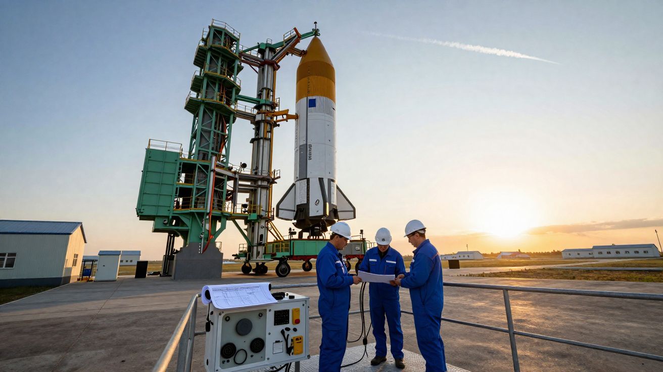 Três técnicos com fato azul e capacete branco trabalham junto a um foguetão no lançamento ao pôr do sol.