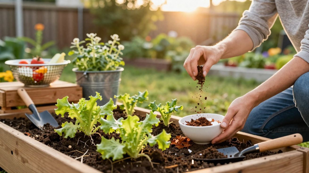 Pessoa a tratar da terra numa pequena horta com plantas de alface e utensílios de jardinagem ao pôr do sol.