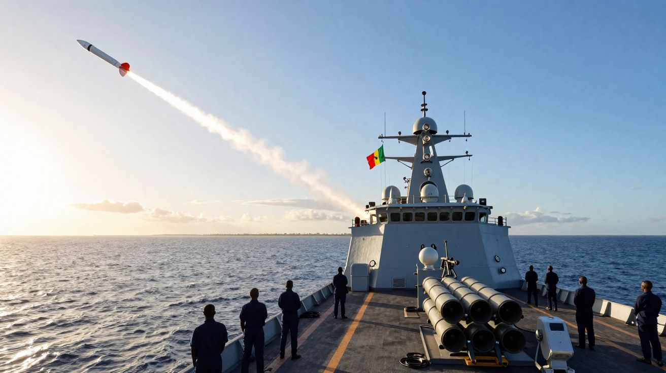 Navio militar com bandeira de Senegal lança míssil durante patrulha no mar ao pôr do sol.