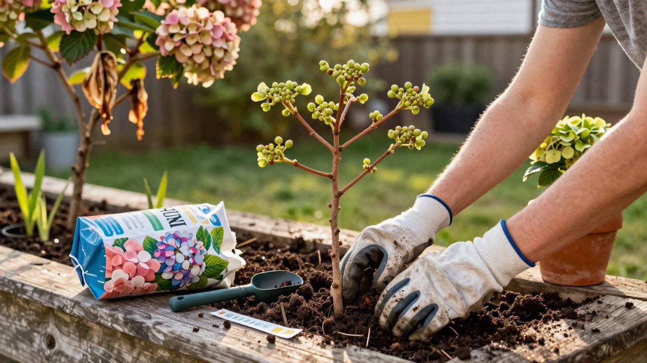 Pessoa a plantar muda de flor em vaso de madeira ao ar livre com luvas de jardinagem.