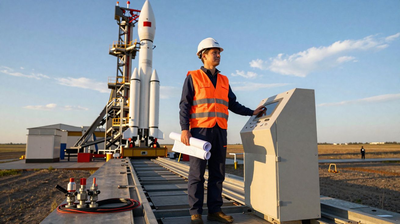 Engenheiro com capacete e colete de segurança controla lançamento de foguetão na plataforma exterior.