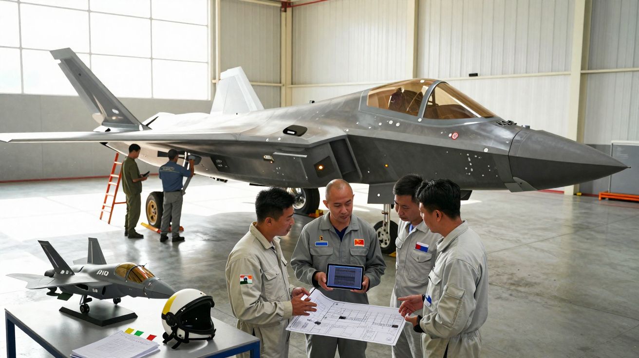Cinco técnicos analisam plantas e dados junto a um caça furtivo numa hangar espaçosa e iluminada.