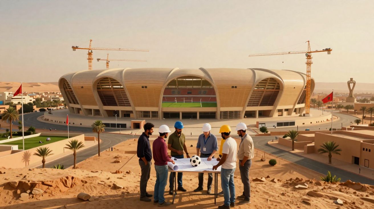 Grupo de engenheiros com capacetes junto a mesa com bola e plantas, com estádio e gruas ao fundo no deserto.