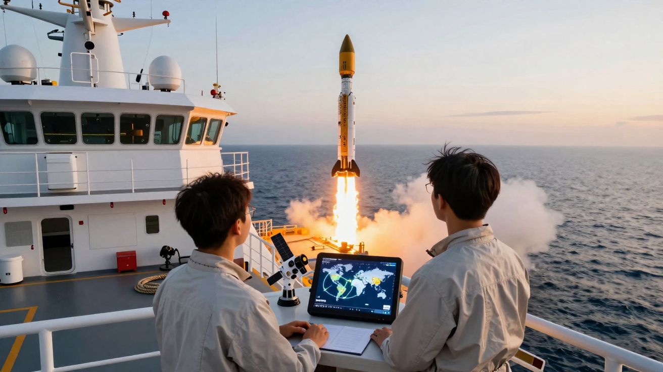 Dois técnicos observam lançamento de foguete no mar, com laptop e telescópio, a bordo de navio durante pôr do sol.