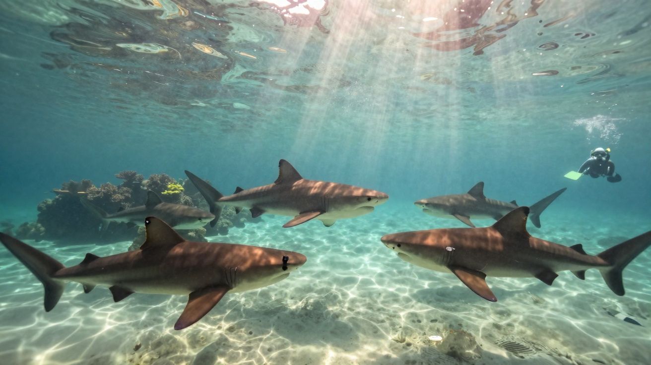 Cardume de tubarões a nadar em águas rasas com mergulhador ao fundo e raios de sol a penetrar a água.
