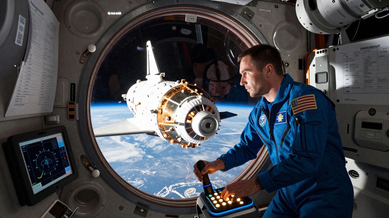 Astronauta controla nave espacial numa estação orbital com vista da Terra e uma cápsula próxima pela janela.