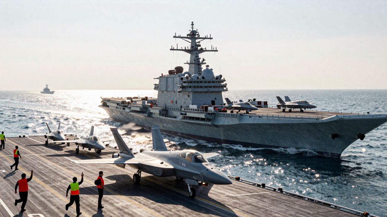 Porta-aviões no mar com aviões de caça na pista e tripulação vestindo coletes coloridos a trabalhar.