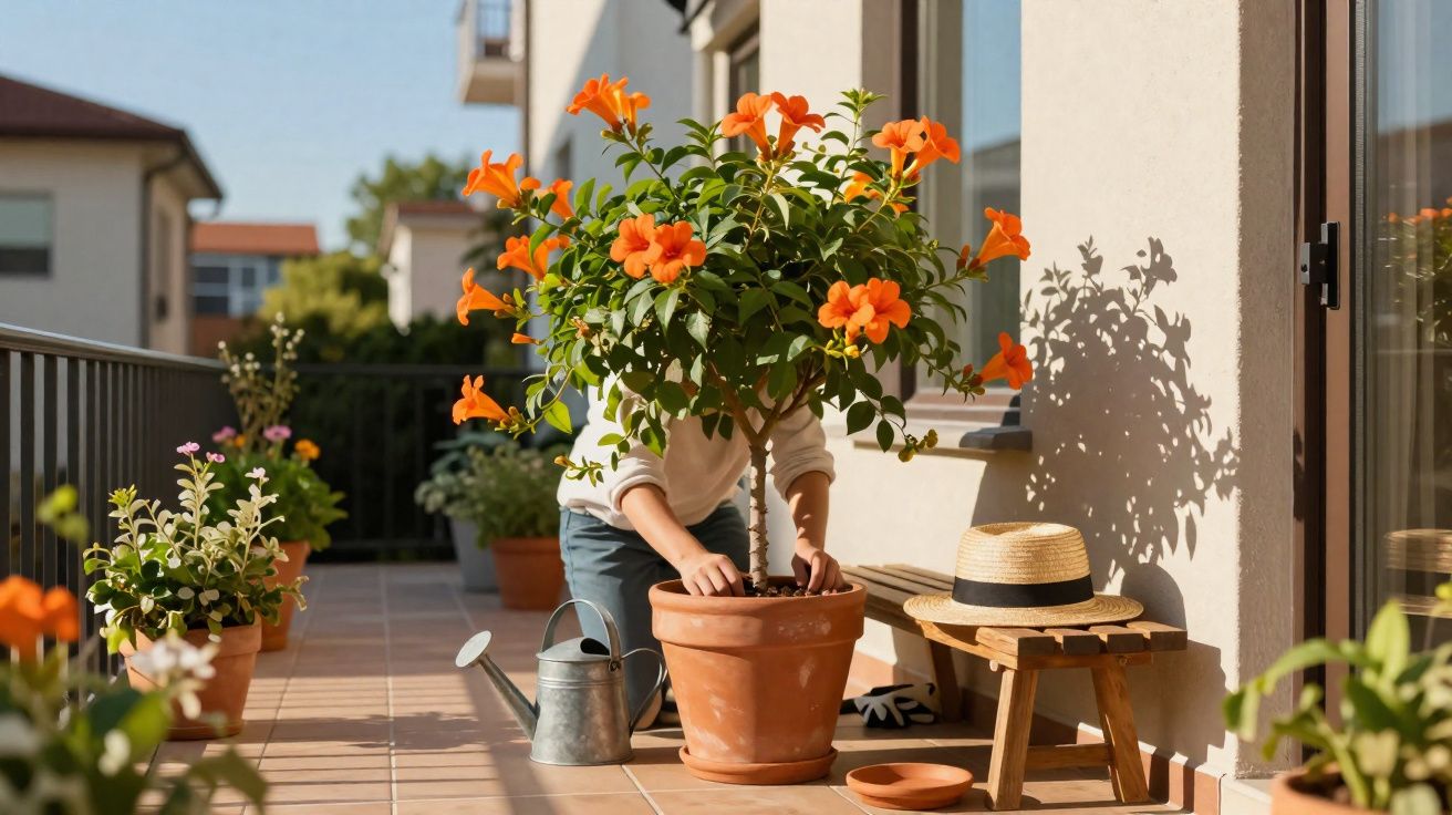 Pessoa a cuidar de planta com flores cor de laranja numa varanda com vários vasos ao sol.