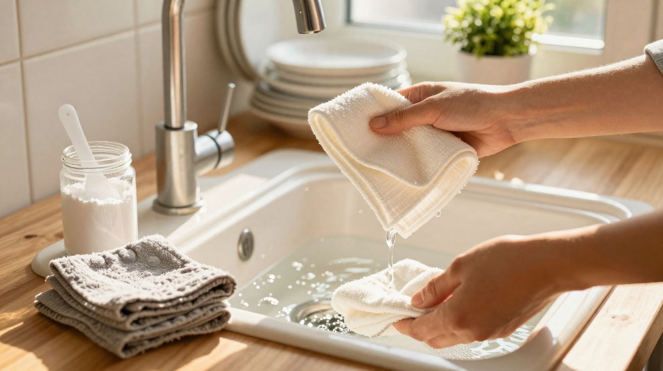 Pessoa a lavar panos brancos numa pia de cozinha com luz natural e utensílios ao redor.