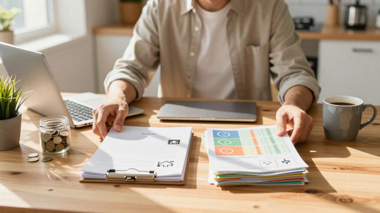 Pessoa organizando documentos financeiros numa mesa com computador portátil, jarra de moedas e chávena.