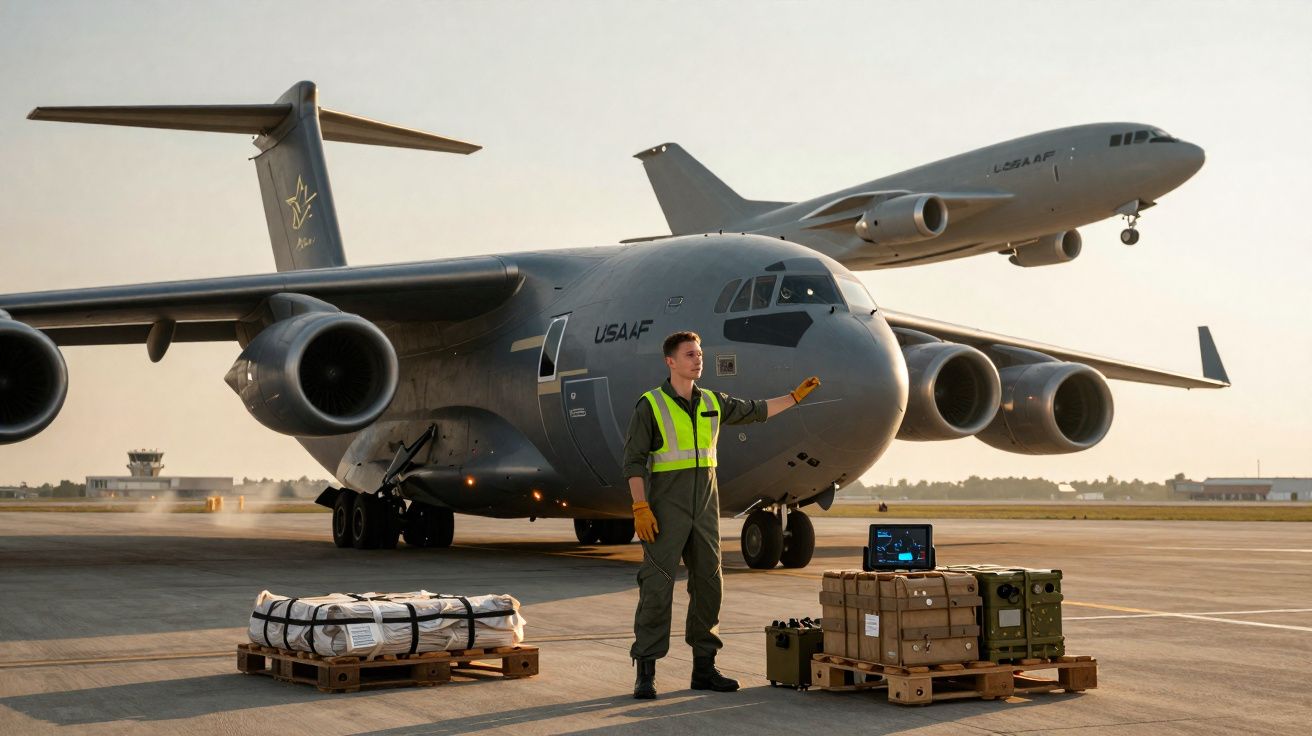 Homem com colete refletor dirige operações junto a aviões militares e material em paletes num aeroporto ao pôr do sol.