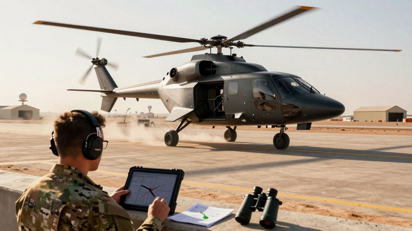 Helicóptero militar a descolar numa pista com soldado a operar equipamento de controlo na primeira linha.