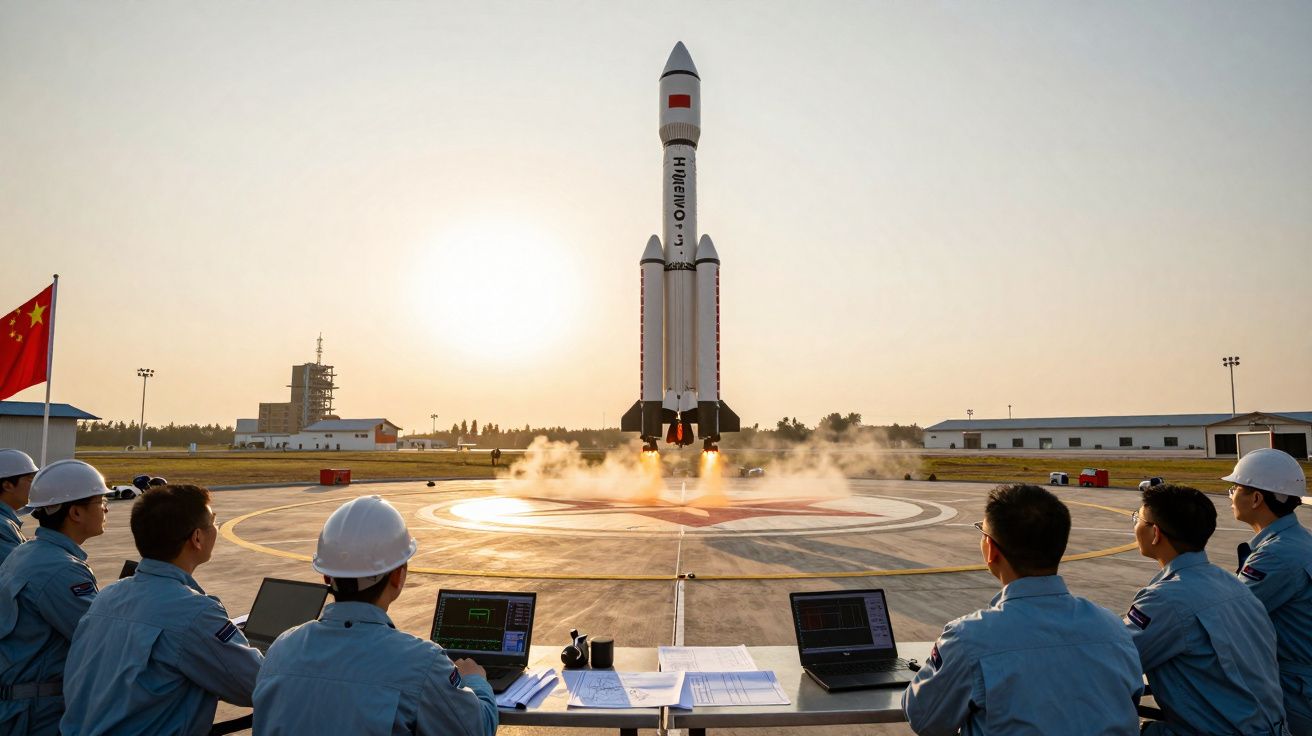 Lançamento de um foguetão chinês visto de técnicos que monitorizam a descolagem ao pôr do sol.