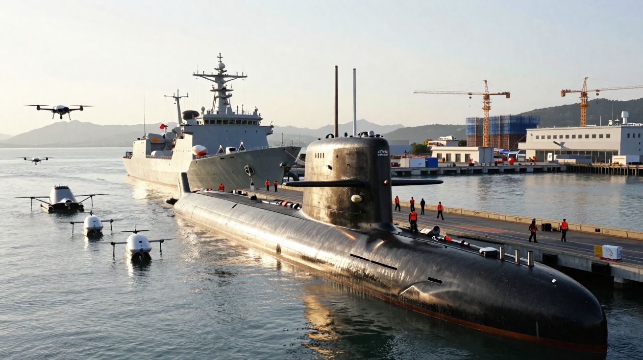 Submarino e navio militar atracados num porto com vários drones aquáticos e aéreos em redor.