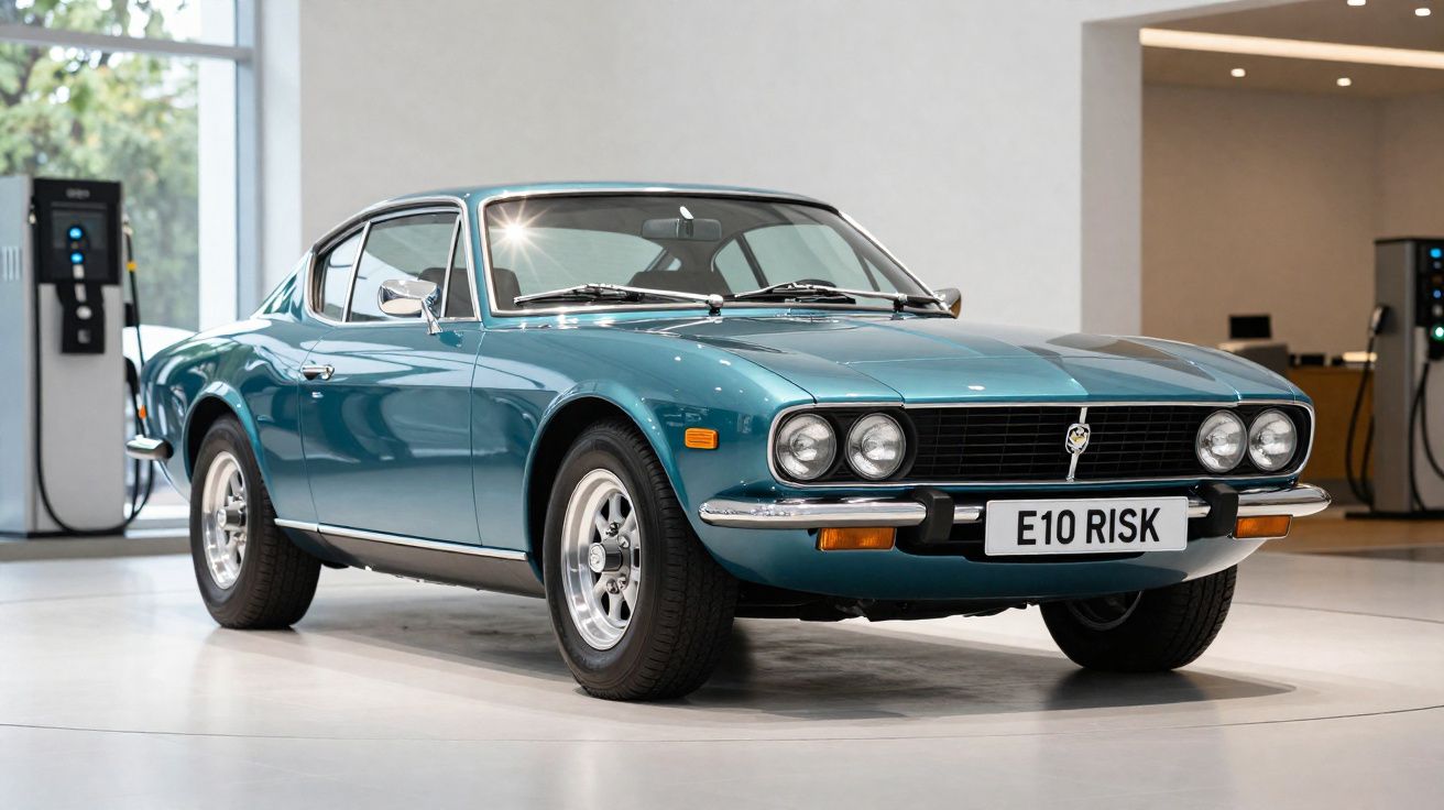 Carro clássico desportivo azul turquesa estacionado em interior moderno com pontos de carregamento elétrico.