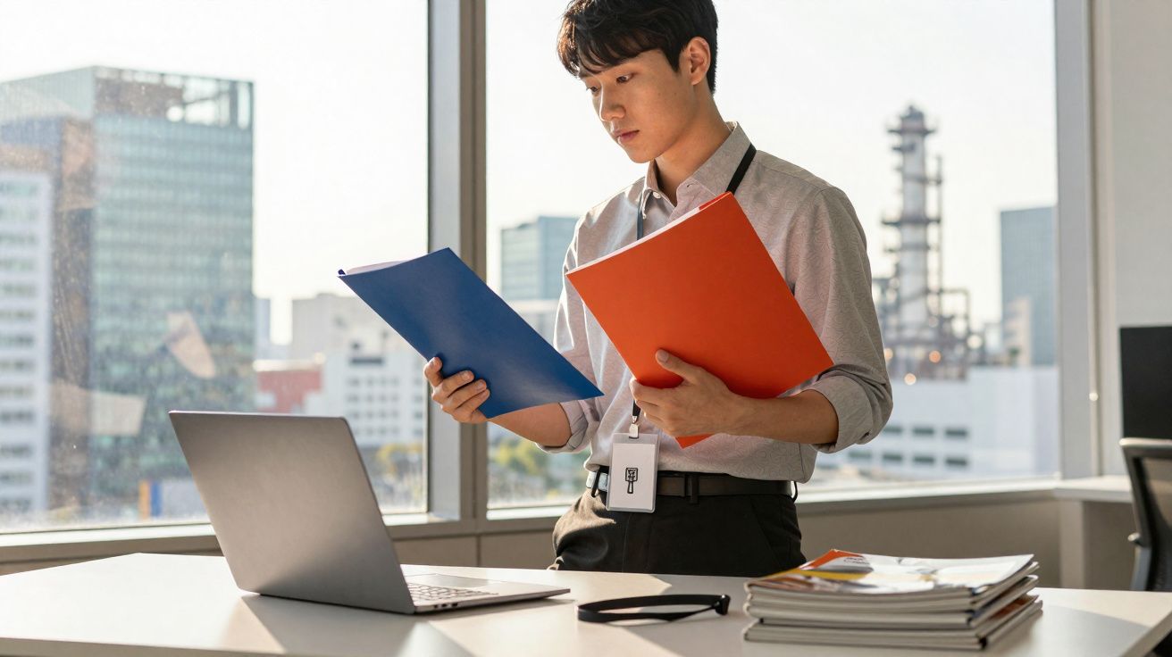 Homem a analisar documentos com pastas azul e laranja numa mesa de escritório com computador portátil.
